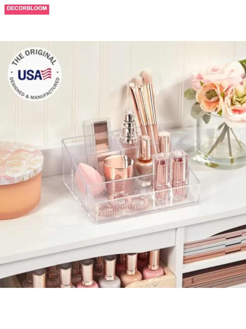 Clear Plastic Vanity Makeup Organizer, 4-Compartment Rectangle